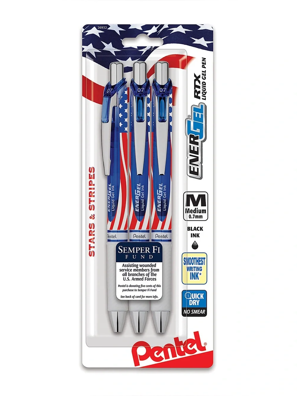 Pentel: Refillable EnerGel RTX Stars & Stripes Black Gel Pens, 3-Pack 🇺🇸